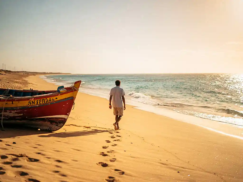 Eenzame reiziger op een zonnig goudkleurig strand in Kaapverdië met turquoise Atlantische Oceaan en kleurrijke vissersboot op de voorgrond.