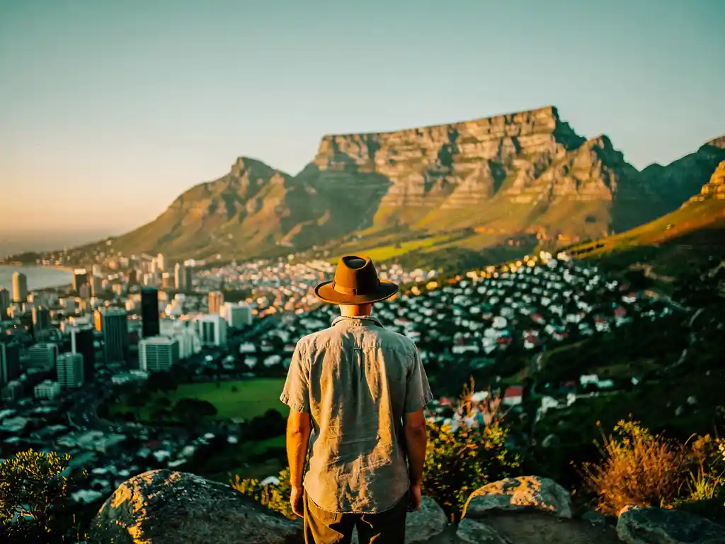 Reiziger met brede hoed aan rand van uitkijkpunt in Kaapstad, Tafelberg verlicht door gouden middagzon op de achtergrond.