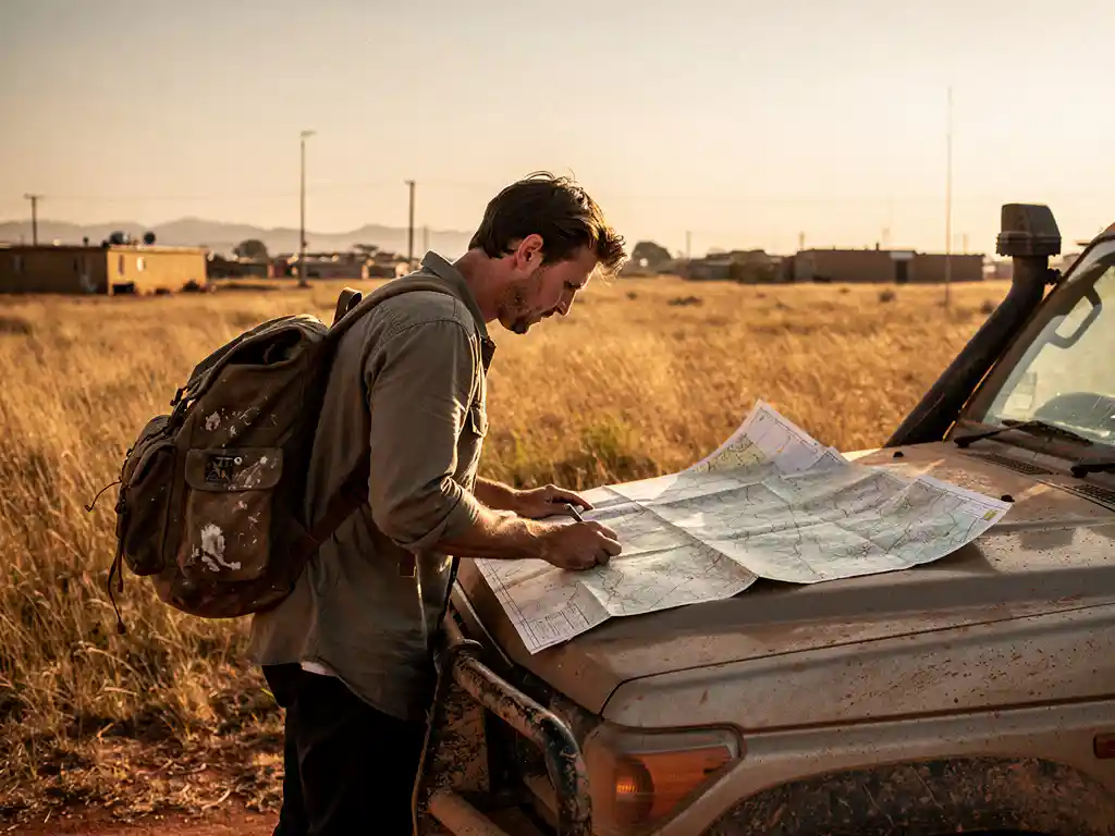 Reiziger met verweerde rugzak bestudeert papieren kaart op motorkap van stoffige 4x4, Zuid-Afrikaans savannelandschap op achtergrond.