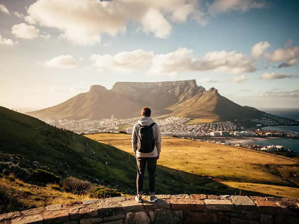 Reiziger op uitkijkpunt in Kaapstad met Tafelberg op de achtergrond, groene hellingen en gouden savanne onder bewolkte lucht.