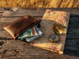 Verweerde leren reisportemonnee met Zuidafrikaanse rand, safarikaar en kompas op verbleekt houten tafel, savannegras op de achtergrond.