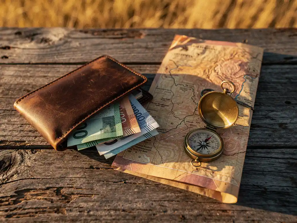 Verweerde leren reisportemonnee met Zuidafrikaanse rand, safarikaar en kompas op verbleekt houten tafel, savannegras op de achtergrond.