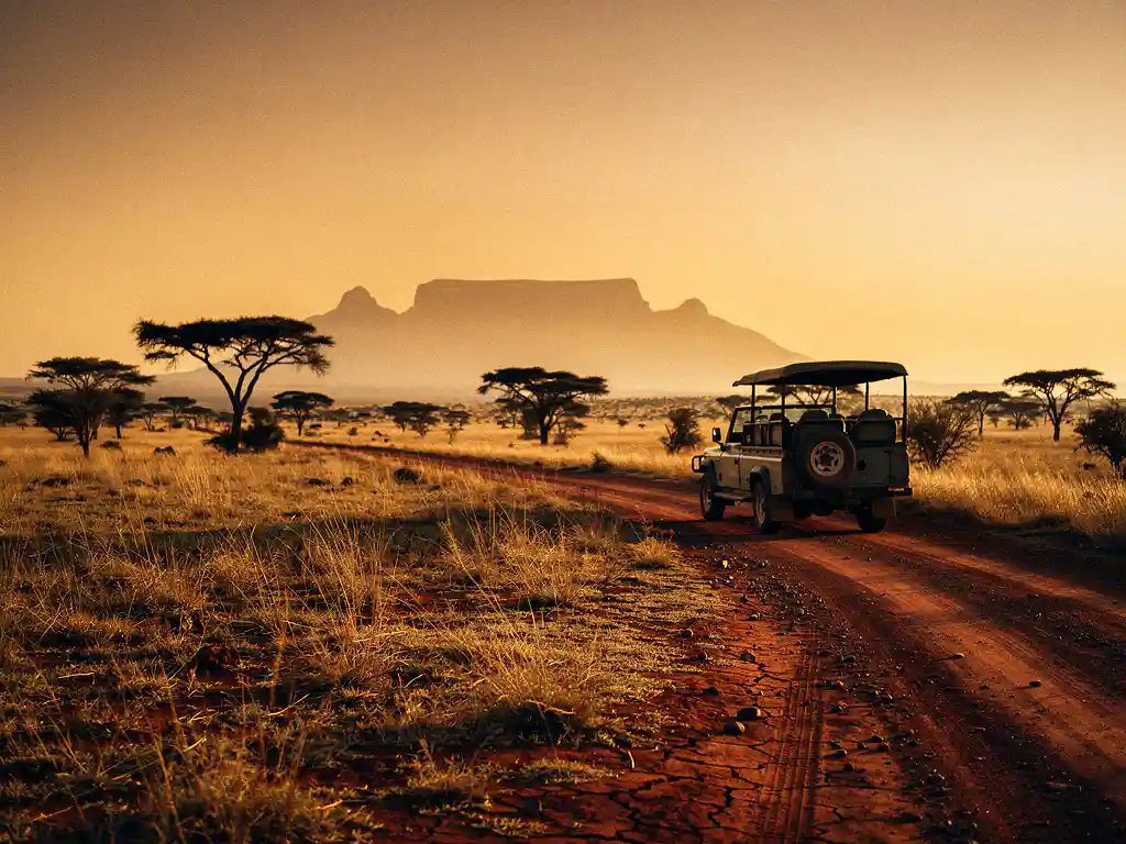 Safariwagen op rode zandweg met uitzicht op Zuid-Afrikaanse savanne bij gouden uur, acacia's en Tafelberg in de verte.