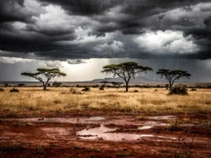 Regenbui over de Zuid-Afrikaanse savanne met silhouetten van acaciabomen tegen een dramatische stormlucht en glinsterende rode aarde.