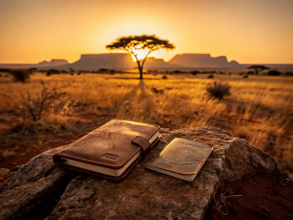 Versleten reisdagboek en paspoort op rots met silhouet van acacia tegen gouden zonsondergang boven Afrikaanse savanne.