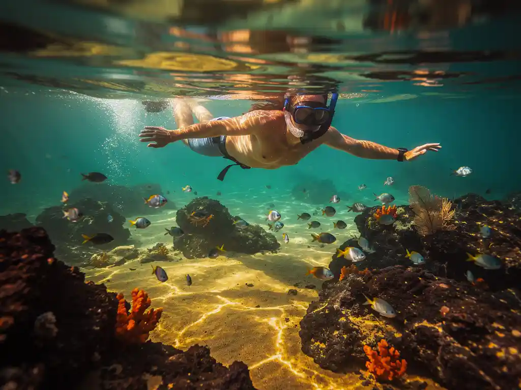 Snorkelaar onder turquoise wateroppervlak bij Kaapverdië, omringd door kleurrijke rifvissen en vulkanische rotsen in goudkleurig zonlicht.