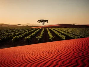 Rode zandduinen van Sossusvlei naadloos overvloeiend in groene Kaapse wijngaarden, met een silhouet van een acacia in gouden avondlicht.