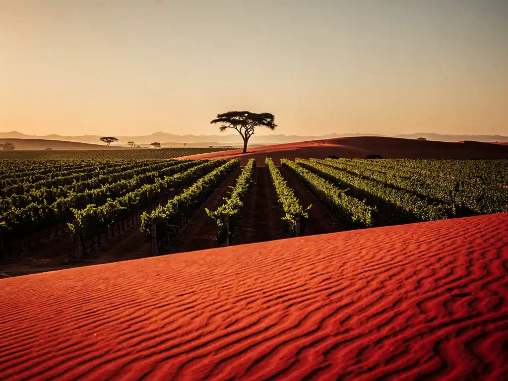 Rode zandduinen van Sossusvlei naadloos overvloeiend in groene Kaapse wijngaarden, met een silhouet van een acacia in gouden avondlicht.