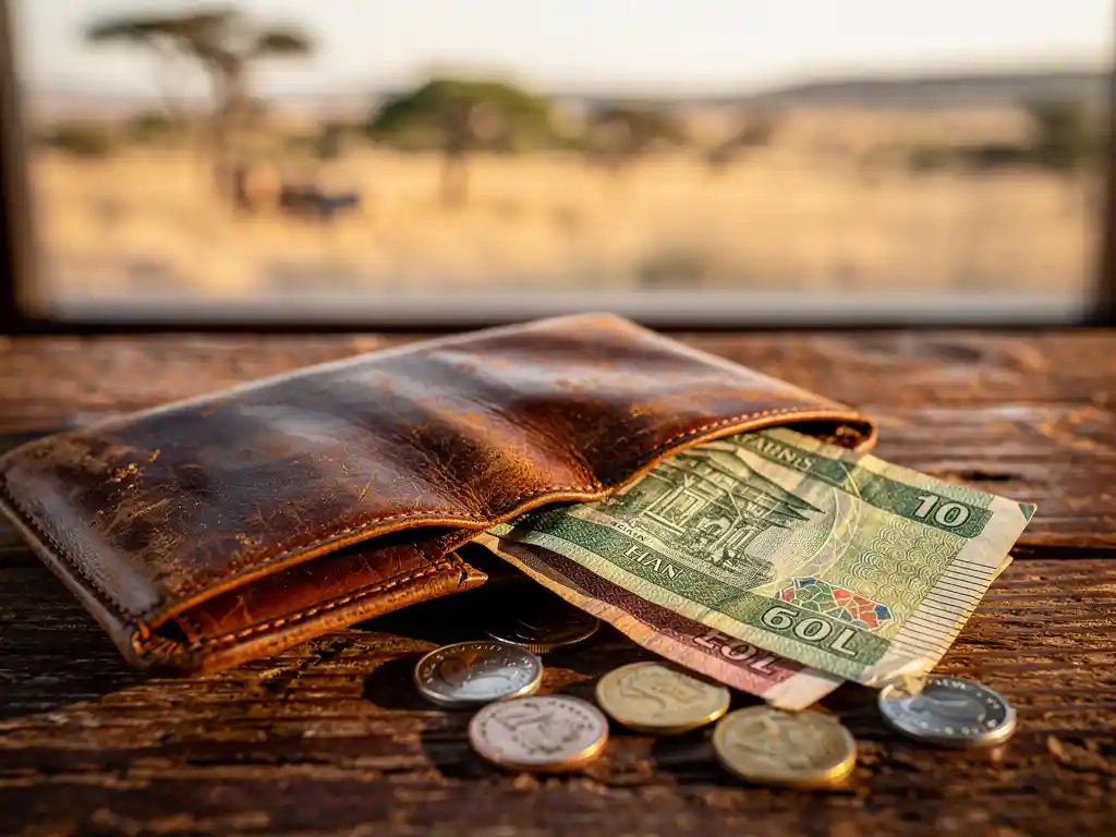 Versleten leren portemonnee met Zuid-Afrikaanse rand biljetten en munten op rustiek houten tafel, safarlandschap op achtergrond.