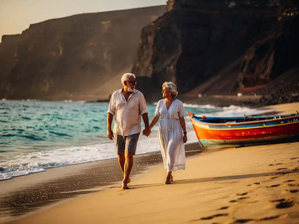 Ouder stel hand in hand op een zonnig Kaapverdisch strand met vulkanische kliffen, turquoise golven en een kleurrijke vissersboot.