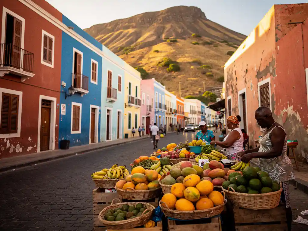Kleurrijke koloniale gevels in terracotta en kobaltblauw langs een zonnig keistraatje in Santiago, Kaapverdië, met tropisch fruit op een markt.