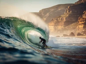 Surfer op een krachtige smaragdgroene golf langs de Zuid-Afrikaanse kust, met rotsachtige kliffen en gouden avondlicht.