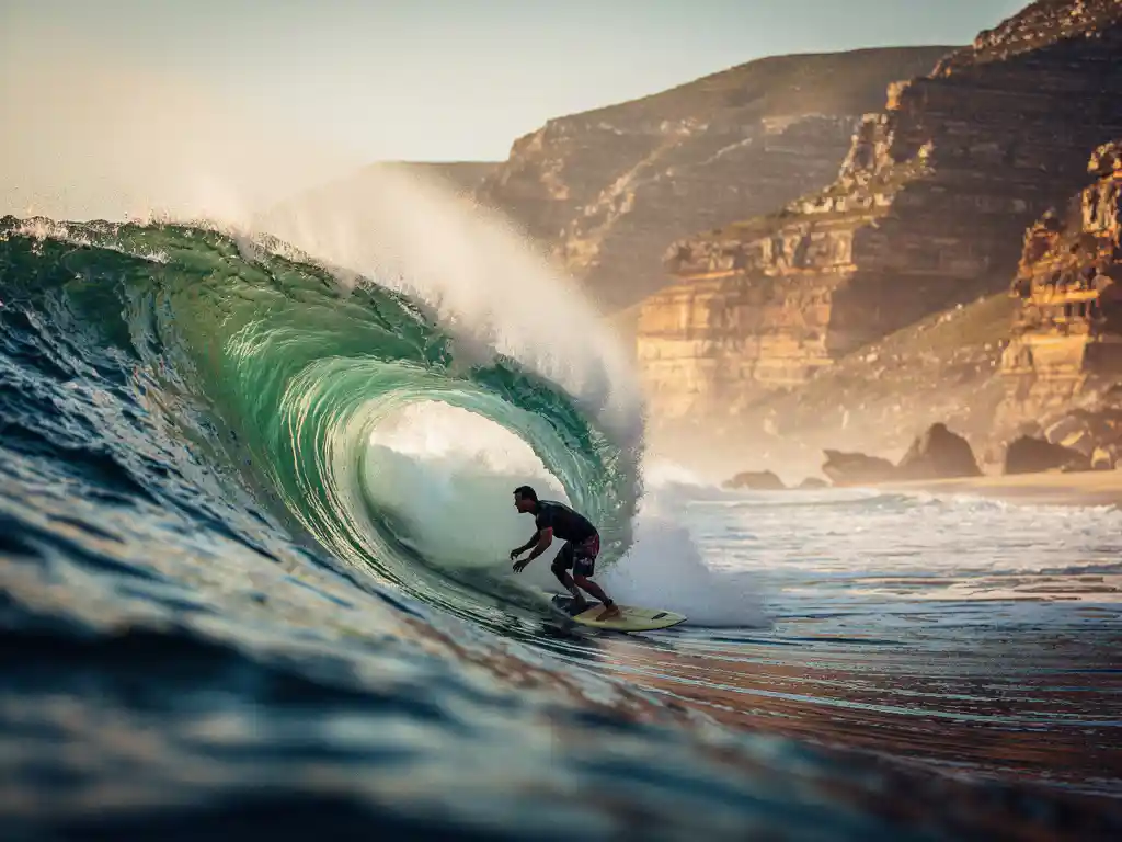 Surfer op een krachtige smaragdgroene golf langs de Zuid-Afrikaanse kust, met rotsachtige kliffen en gouden avondlicht.