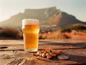 Bevroren bierglas met goudkleurig bier op verweerde houten tafel, Tafelberg op de achtergrond, Zuidafrikaanse rand en pinda's nabij.