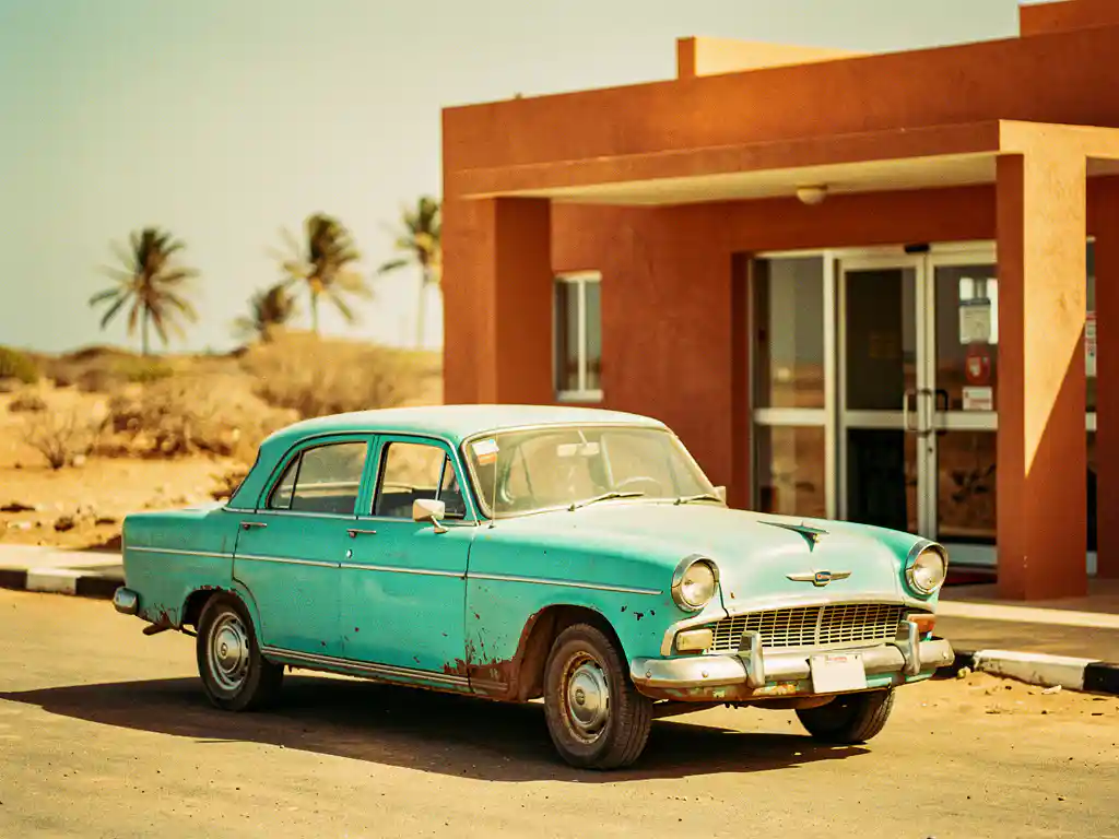 Verweerde turquoise taxi geparkeerd voor de ingang van een zonnig vliegveld op Kaapverdië, terracotta muren en droog tropisch landschap op achtergrond.