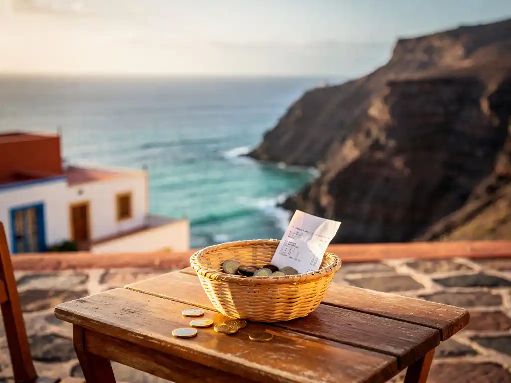 Geweven mandje met euromunten en bon op terrasje met zicht op vulkanische Cape Verde kustlijn en turquoise Atlantische Oceaan.