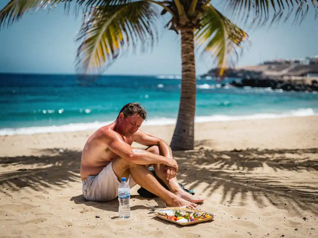 Vermoeide toerist rustend in palmschaduw op zonnig Cape Verde-strand met waterles en streetfood, turquoise Atlantische Oceaan op achtergrond.