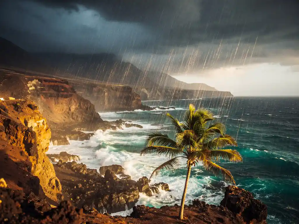 Tropische regenbui boven rotsachtige kust van Kaapverdië met buigende palmboom, donkere wolken en turquoise Atlantische golven.