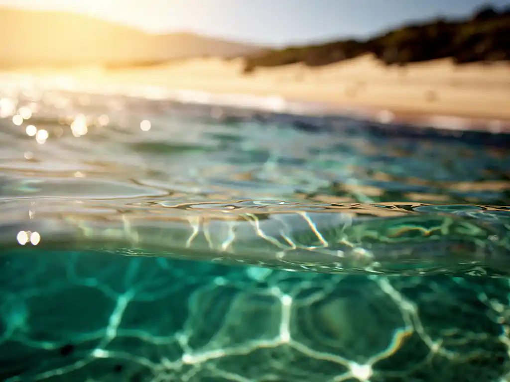 Turkoois oceaanwater gefotografeerd vanonder het wateroppervlak, met gouden zonlicht dat breekt door ondiepe golven en een vulkanisch strand op de achtergrond.