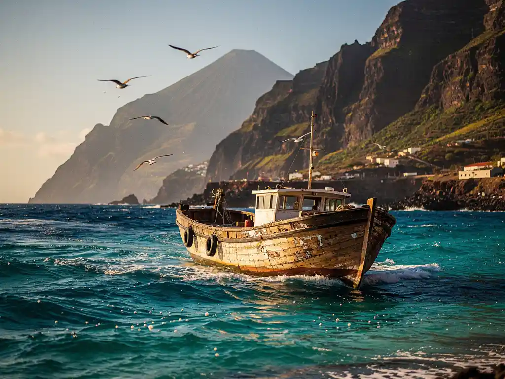 Versleten houten veerboot op turquoise Atlantische wateren tussen twee Kaapverdische eilanden, met dramatische vulkanische kustlijnen op de achtergrond.