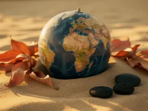 Verouderde vintage globe op goudkleurig zand met de Atlantische Oceaan centraal, omringd door gedroogde bladeren en zwarte vulkanische steentjes.