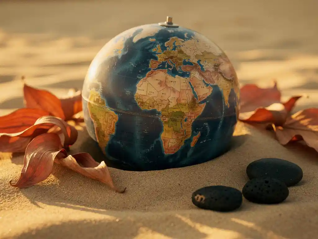 Verouderde vintage globe op goudkleurig zand met de Atlantische Oceaan centraal, omringd door gedroogde bladeren en zwarte vulkanische steentjes.