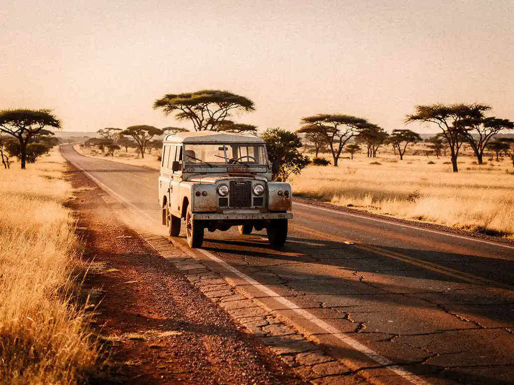 Vintage Land Rover rijdt op een zongebaakte tarmacweg door Zuid-Afrikaanse savanne met platte acaciabomen tijdens gouden uur.