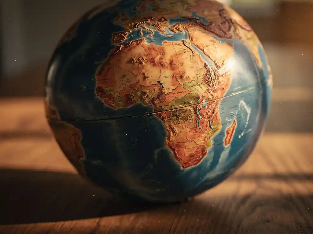 Verouderde vintage globe op eiken tafel met zichtbaar Afrikaans continent, warm middaglicht en terracotta tinten.