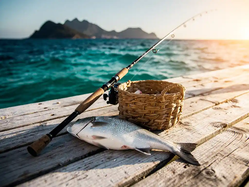 Verweerde hengel op een verbleekte houten steiger met een verse zilveren vis en gevlochten mand, turquoise Atlantische oceaan op de achtergrond.