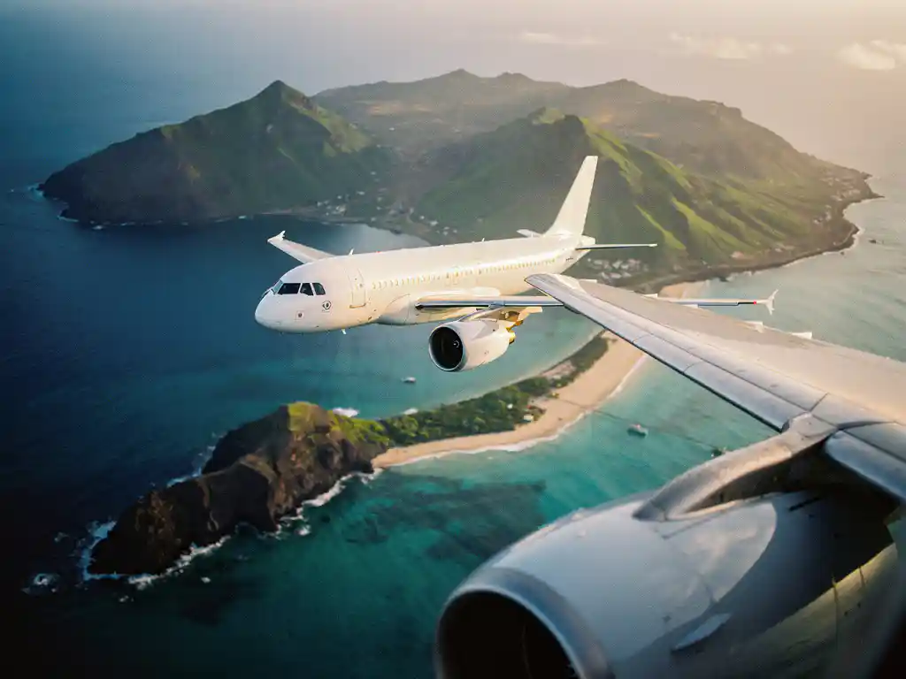 Vliegtuig boven de turquoise Atlantische Oceaan met de groene vulkanische toppen van Kaapverdië in de tropische nevel.