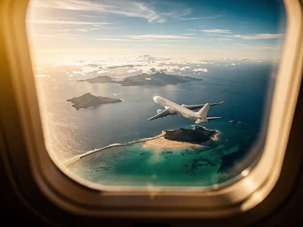 Vliegtuig boven de turquoise Atlantische Oceaan met vulkanische eilandsilhouetten zichtbaar door sluierwolken in middaglicht.