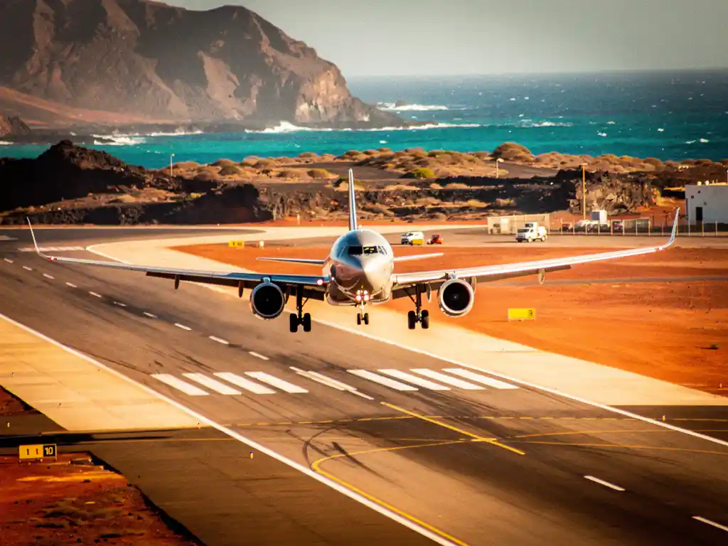 Vliegtuig dat landt op Cape Verde, met vulkanische bergen en de turquoise Atlantische Oceaan op de achtergrond in middaglicht.