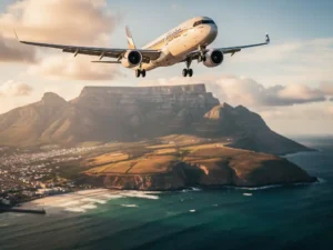 Commercieel vliegtuig boven Kaapstad met Tafelberg en de turquoise Atlantische Oceaan tijdens het gouden uur.