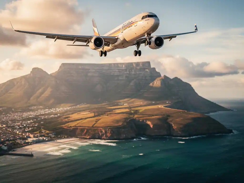 Commercieel vliegtuig boven Kaapstad met Tafelberg en de turquoise Atlantische Oceaan tijdens het gouden uur.