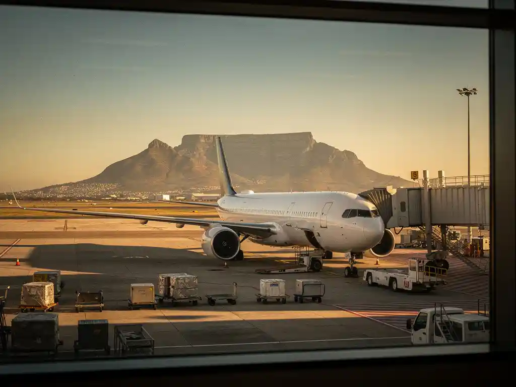 Wijdromig vliegtuig op verlicht tarmac bij Kaapstad, met Tafelberg silhouet aan de horizon onder een gouden middaglucht.