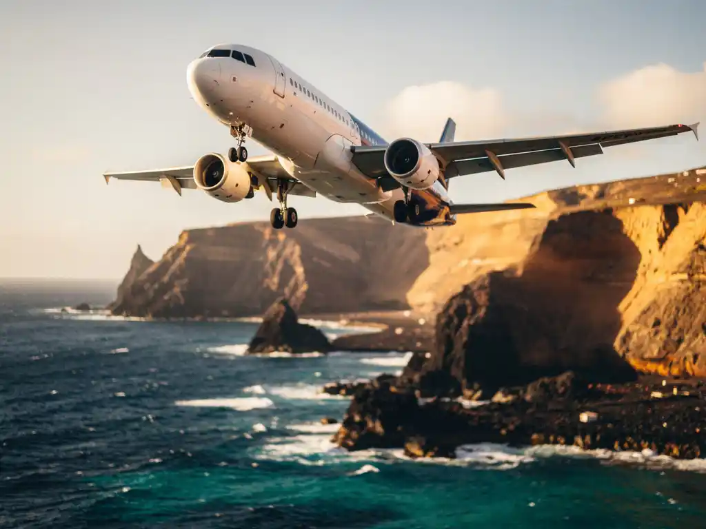 Vliegtuig boven de turquoise Atlantische Oceaan nadert het vulkanische kustlandschap van Kaapverdië in gouden middaglicht.