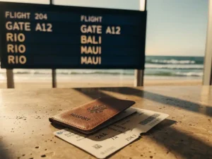 Versleten leren paspoort en instapkaart op stenen ondergrond, met tropisch vertrekbord en Atlantische Oceaan op de achtergrond.