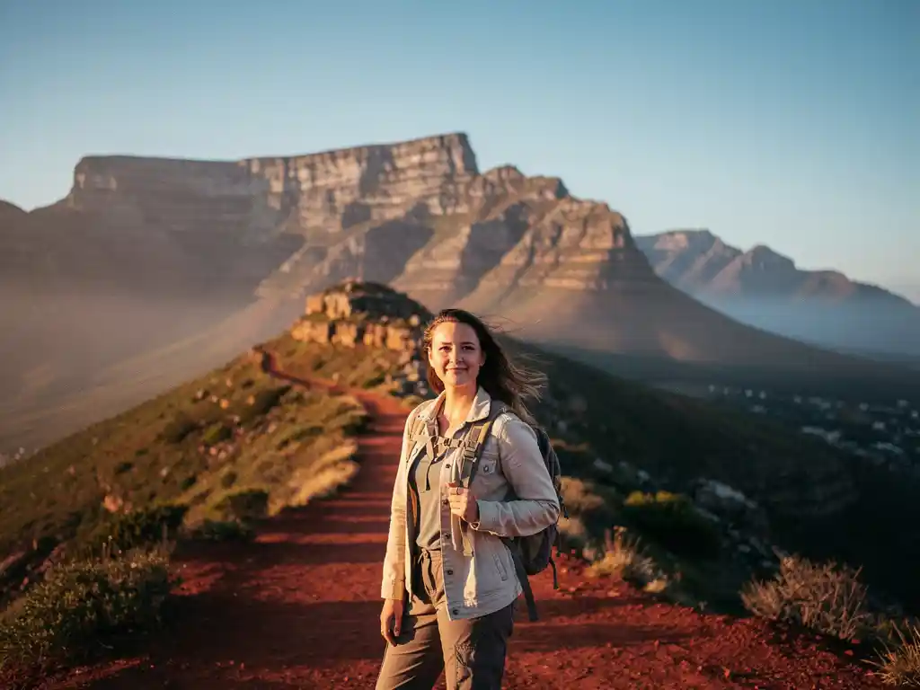 Zelfverzekerde vrouwelijke soloreizigers op rood aarden pad met Tafelberg in goudkleurig middaglicht op de achtergrond, Zuid-Afrika.
