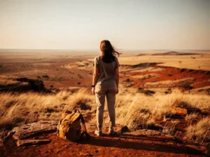 Vrouw op uitkijkpunt boven gouden savanne in Zuid-Afrika, versleten leren rugzak aan haar voeten, in warm avondlicht.
