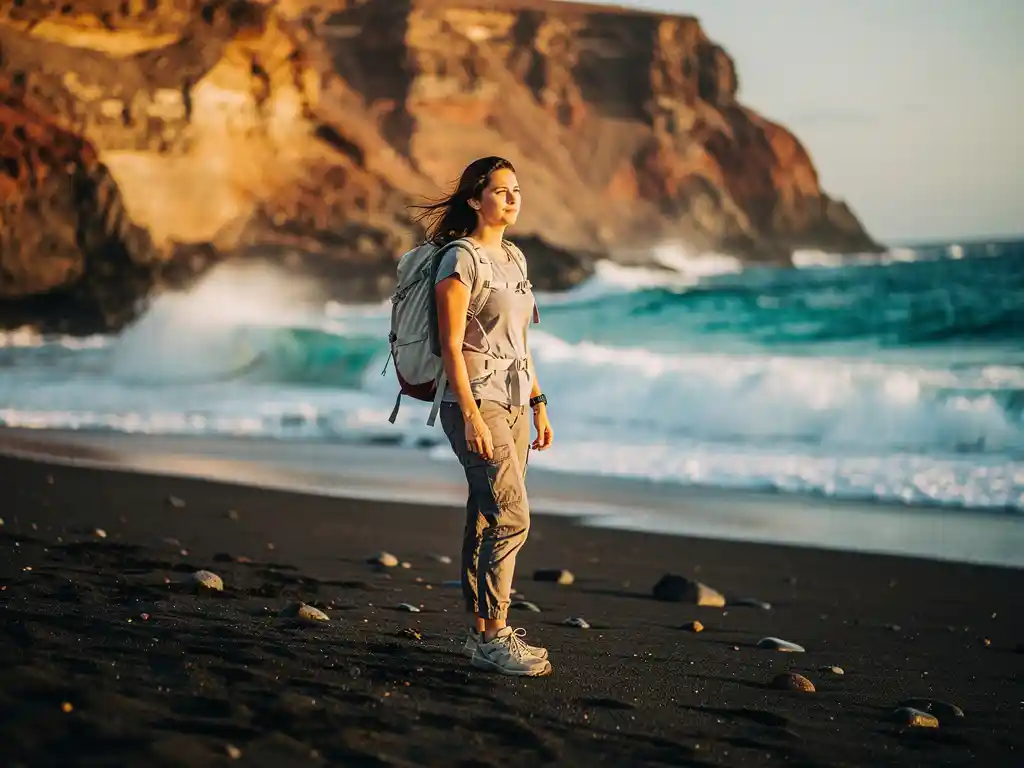 Vrouw met lichte rugzak op zwart vulkanisch strand in Kaapverdië, met turquoise golven en okerkleurige kliffen op de achtergrond.