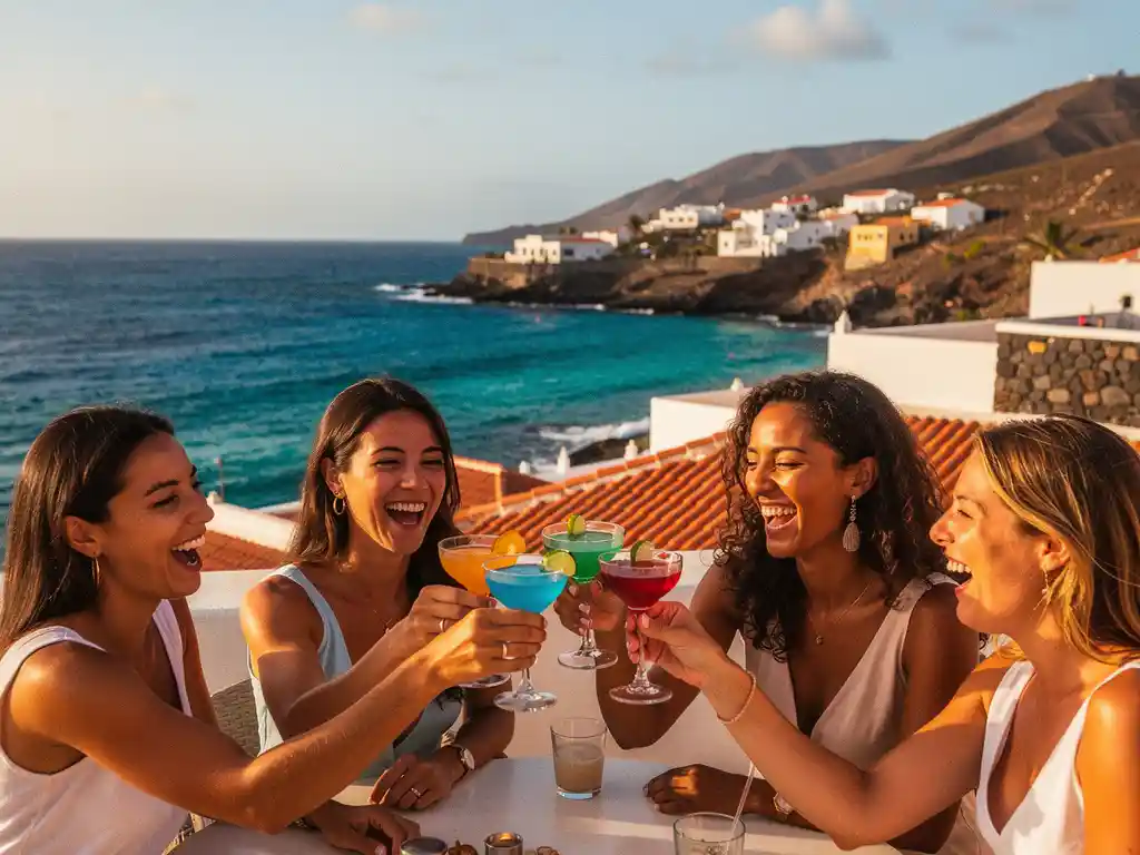 Vrolijke vrouwen proosten met kleurrijke cocktails op een zonnig terras met uitzicht op een turquoise baai in Kaapverdië.