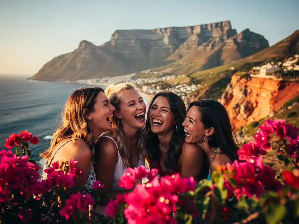 Vier lachende vrouwen op een zonnige klif in Kaapstad, met de Tafelberg en oceaan op de achtergrond.