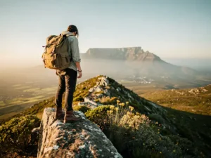Wandelaar op rotsachtige bergkam boven gouden fynbosvallei in Zuid-Afrika, met silhouet van Tafelberg in mistige verte.