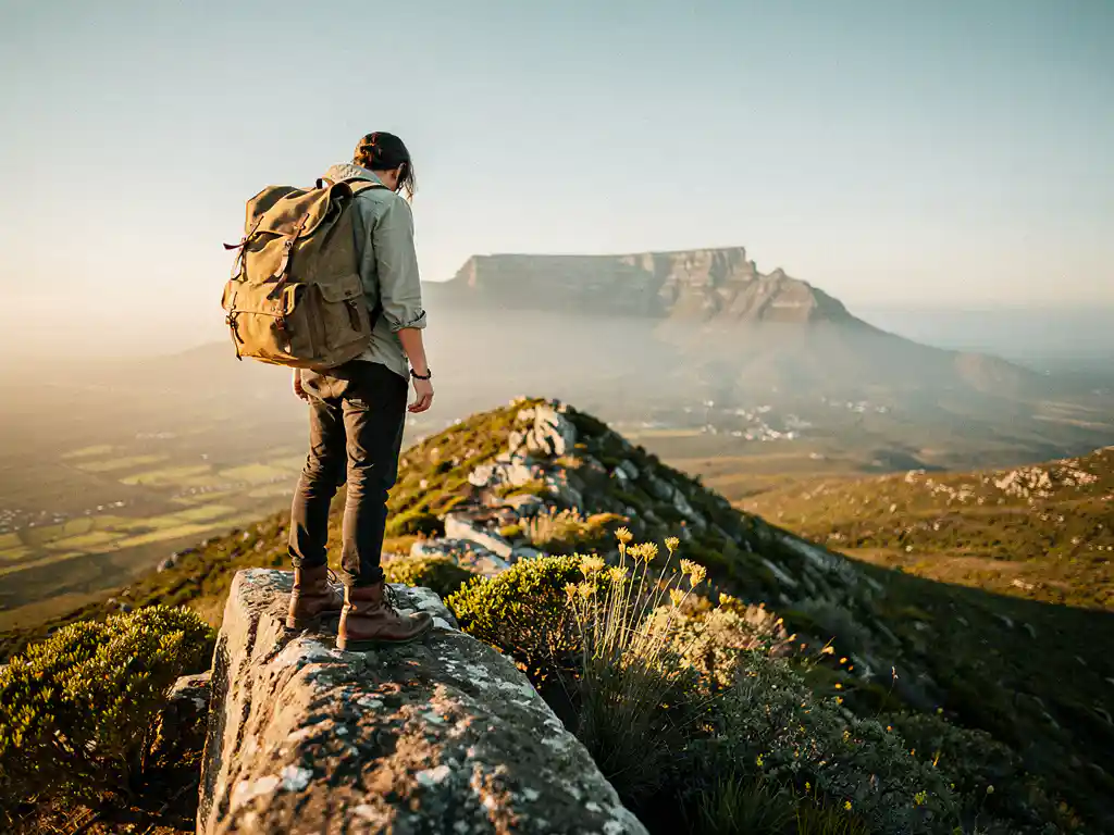Wandelaar op rotsachtige bergkam boven gouden fynbosvallei in Zuid-Afrika, met silhouet van Tafelberg in mistige verte.