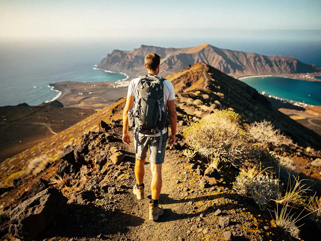 Wandelaar met rugzak op vulkanische bergkam in Kaapverdië, met uitzicht op turquoise Atlantische kust en zwart lavalandschap.