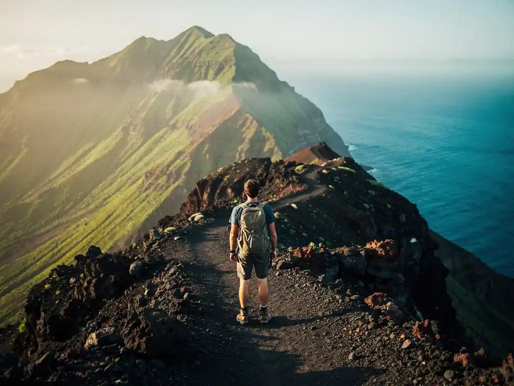 Wandelaar op vulkanisch lavapad op Kaapverdië, met mistige groene bergtoppen en turquoise Atlantische Oceaan op de achtergrond.