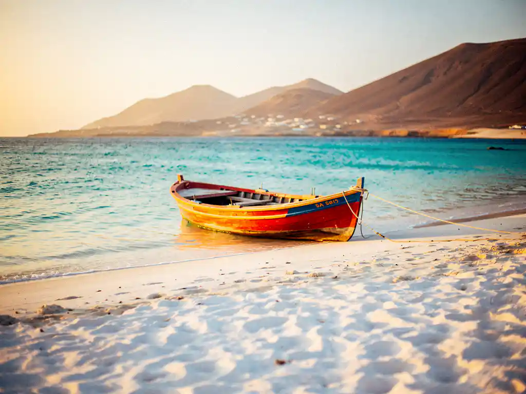Kleurrijke houten vissersboot op het witte zandstrand van Sal, Kaapverdië, met turquoise lagune en vulkanische heuvels op de achtergrond.