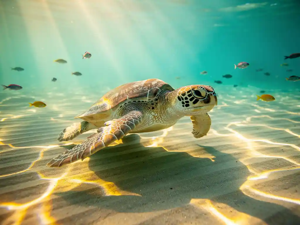 Onechte karetschildpad zwemt rustig door helder turquoise Atlantisch water boven een zonnig zandbed met kleine rifvissen.