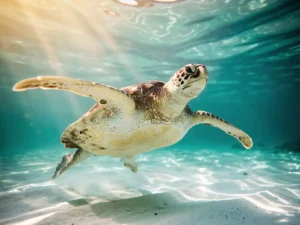 Onechte karetschildpad zwemt door heldere turquoise ondiepe zee, met zonlicht dat dansende patronen werpt op haar gevlekte schild.