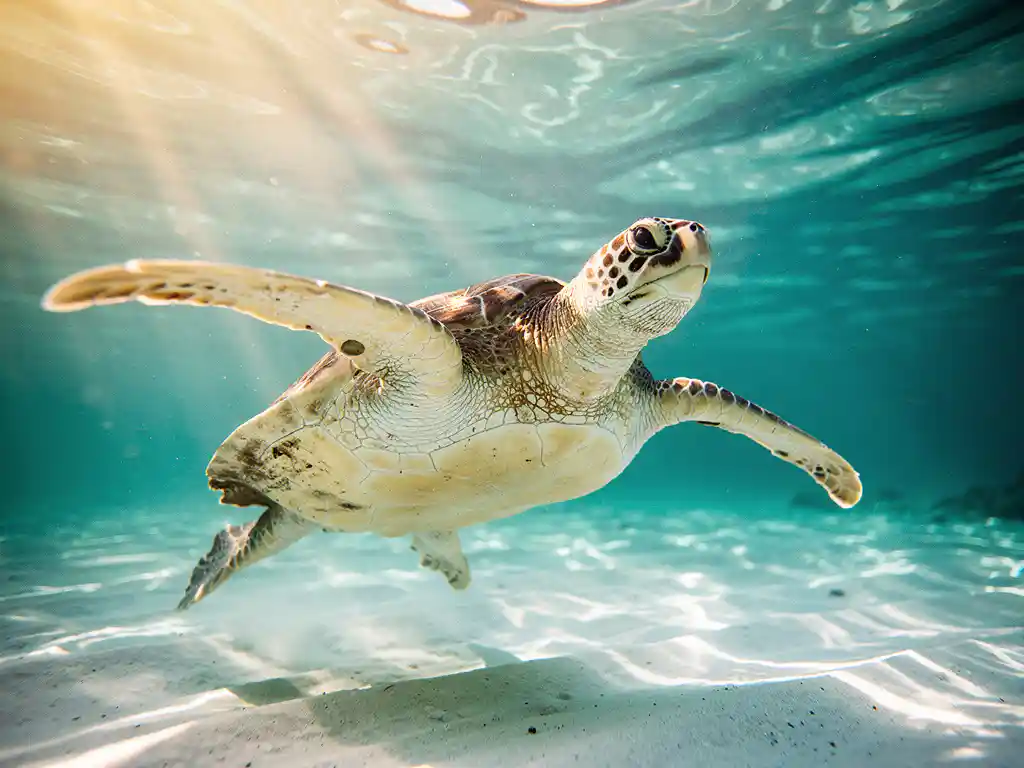Onechte karetschildpad zwemt door heldere turquoise ondiepe zee, met zonlicht dat dansende patronen werpt op haar gevlekte schild.